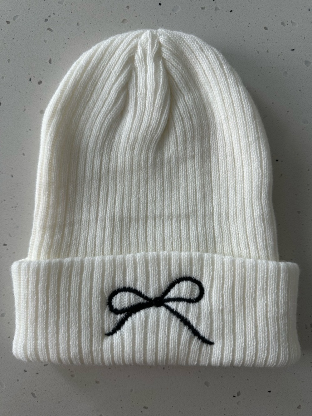 NEW Zenana Ivory Black Bow Embroidered Ribbed Knit Beanie